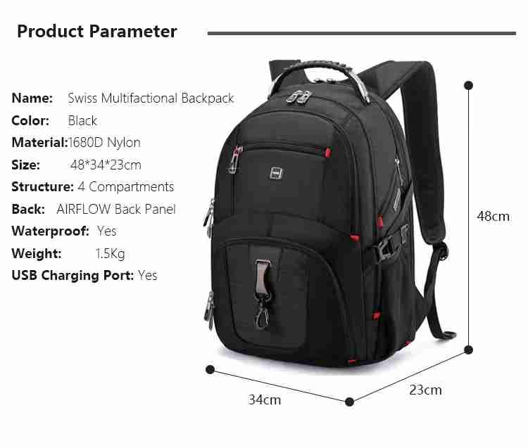 Swiss-Multifunctional bags Durable 17 Inch Laptop Backpack, Travel Bag,College Bookbag,USB Charging Port,Water Resistant